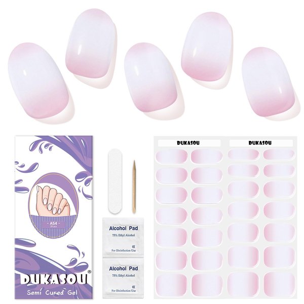DUKASOU Semi Cured Gel Nail Strips,28 Pcs French Nail Stickers Full Nail Wraps,Long Lasting Gel Nail Strips with UV Light,UV Nail Strips Nail Art Stickers Easy to Apply（Clear）