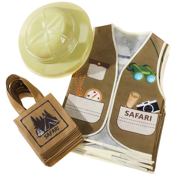 Geyoga 24 Pcs Kids Safari Costume Jungle Birthday Party Decorations Include 8 Plastic Safari Hats 8 Jungle Vest 8 Tote Bags Girls Boys Wild Explorer Costume Outdoor Activity Birthday Halloween Outfit
