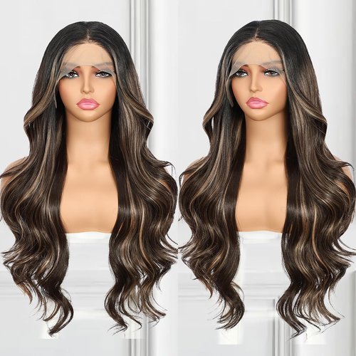 BABEHERS Highlight Lace Front Wig for Women 13x4 Body Wave Synthetic Wigs Brown mix Blonde Balayage Pre-plucked Long Wavy Wig 150% Density Heat Resistant Hair Replacement Wigs 26inch