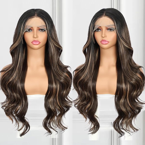 BABEHERS Highlight Lace Front Wig for Women 13x4 Body Wave Synthetic Wigs Brown mix Blonde Balayage Pre-plucked Long Wavy Wig 150% Density Heat Resistant Hair Replacement Wigs 26inch