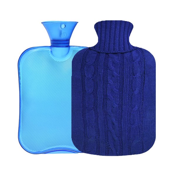 OliviaLiving 2 Liter Classic Transparent Hot Water Bottle with Knit Cover - Cramp Relief, Pain Management, and Cozy Nights - Water Heating Pad for Adults