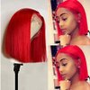 Red Bob Wigs Human Hair Silky Straight 16inches for Women 180% Density 13x1x4 T Part Lace Front Wigs Brazilian Hair Bleached Knots with Baby Hair Pre Plucked Natural Hairline (Could be Restyled)