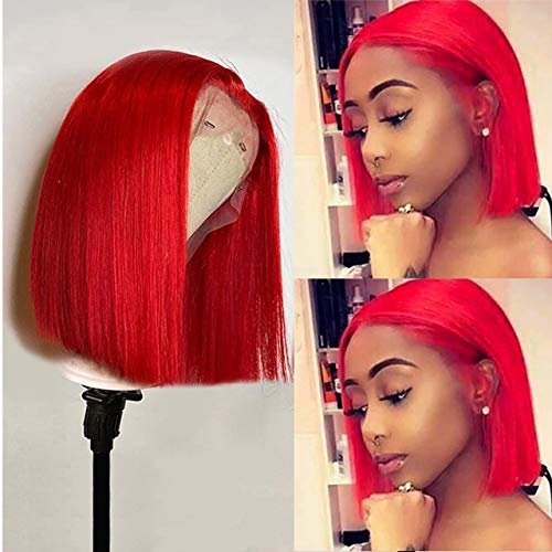 Red Bob Wigs Human Hair Silky Straight 16inches for Women 180% Density 13x1x4 T Part Lace Front Wigs Brazilian Hair Bleached Knots with Baby Hair Pre Plucked Natural Hairline (Could be Restyled)
