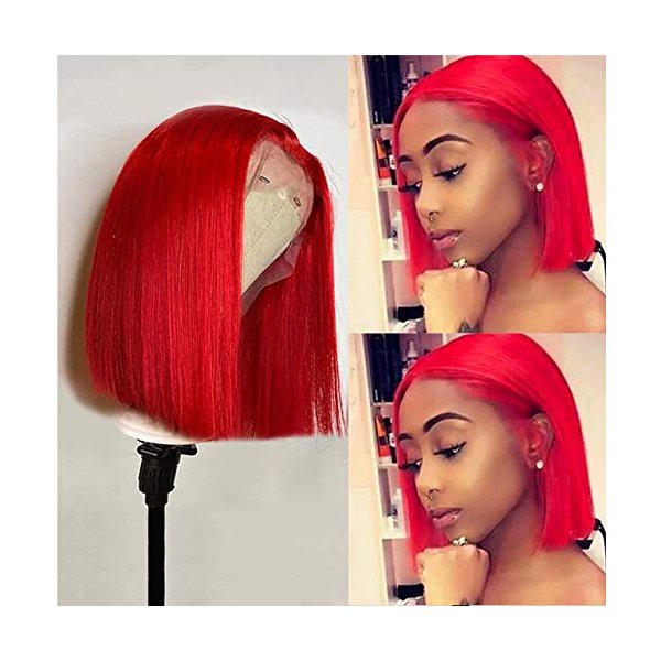 Red Bob Wigs Human Hair Silky Straight 16inches for Women 180% Density 13x1x4 T Part Lace Front Wigs Brazilian Hair Bleached Knots with Baby Hair Pre Plucked Natural Hairline (Could be Restyled)