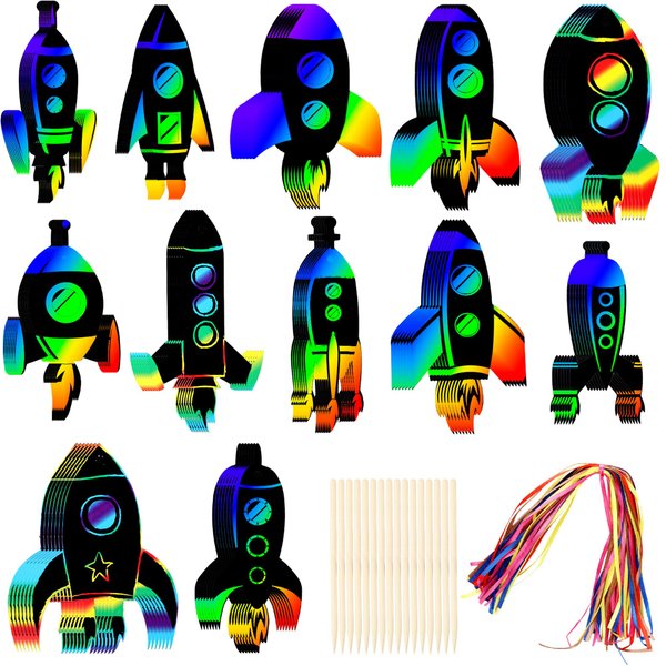 84 Pcs Kids Rocket Scratch Cards Space Theme Party Scratch Crafts Rocket Rainbow Scratch Card with Wooden Stylus and Ribbons for DIY Crafts Classroom Activities Party Favors, 12 Styles