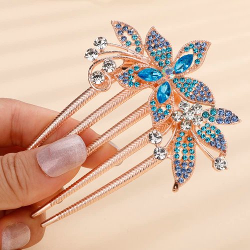 Missgrace Boho Simple Luxury Glitter Sparkly Flower Pink Crystal Rhinestones Hair Side Combs Hairpins Barrettes Bride Hair Clips Accessories for Women Girls (Blue)