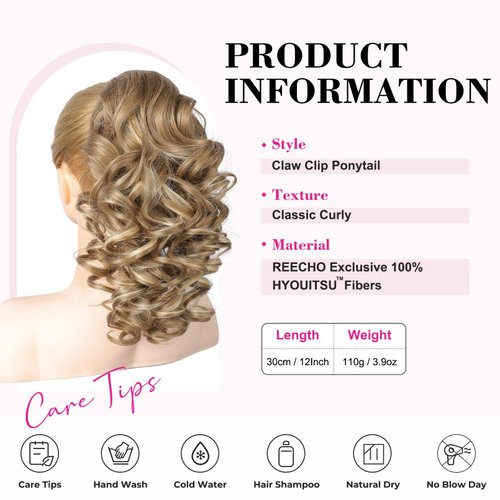 REECHO 12" Ponytail Extension, Classic Loose Curly Wavy Claw Clip Pony tails Hair Extensions Hairpieces for Women - Dark Blonde with Highlights