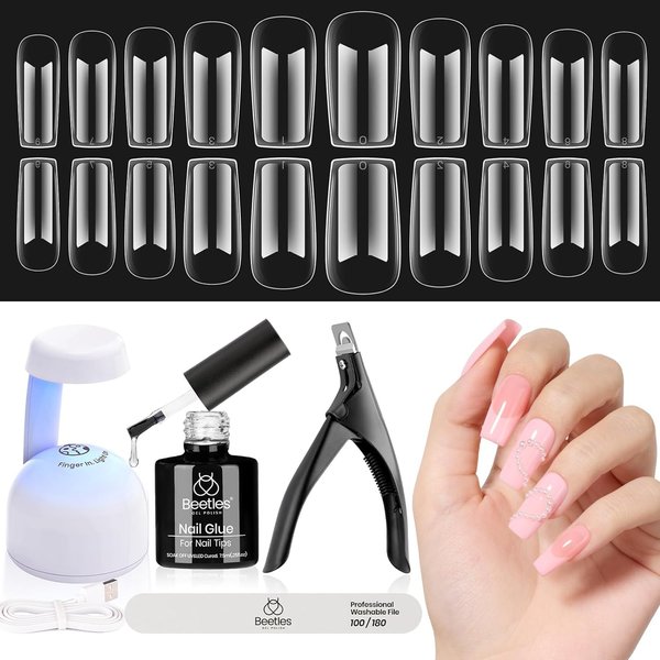 Beetles Gel Nail Kit Easy Nail Extension Set 5 In 1 Nail Glue Gel Base Coat with Pre shaped Medium Square Soft Gel Nail Tips and Uv Led Nail Lamp Acrylic Nail Clipper for Nail Art for Women