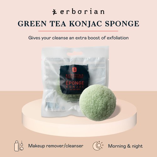 Erborian Green Tea Konjac Facial Sponge - Natural Great for Sensitive, Oily and Acne Prone Skin - Korean Beauty Bath Scrub for Deep Cleansing and Exfoliation - for All Skin Types - Korean Skincare