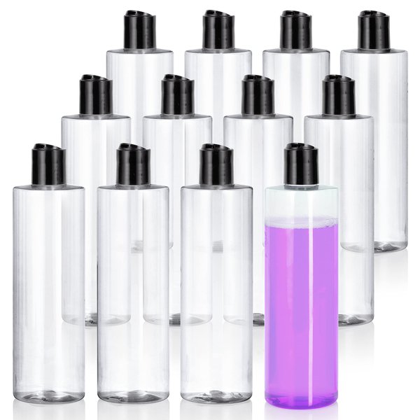 Clear 16 oz / 500 ml Professional Cylinder PET Plastic Empty Bottles Container (BPA Free) (12 pack) (Disc Cap Lid)