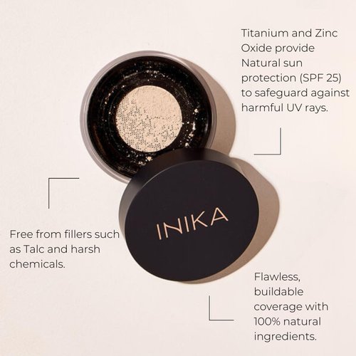 INIKA Organic Mineral Powder Foundation with SPF 25 - Vegan Makeup, Natural Looking, Buildable Coverage, Flawless Radiance & Glow, Blemish Coverage, Cruelty Free, Sustainable Packaging, Strength, 8g