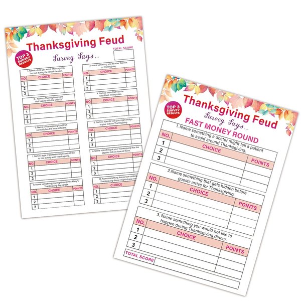 Thanksgiving Feud Game, Thanksgiving Friendly Feud Quiz - Pack of 30 Feud Cards + 3 Fast Money Round Cards, Games for Family, Office, Class, Group, Thanksgiving Decorations, Birthday Party (GEJEV01)