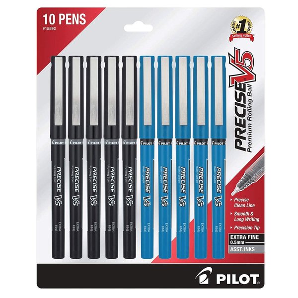 PILOT Precise V5 Stick Liquid Ink rollerball pens, Extra Fine Point, 0.5mm Bulk 10-pack of 5 Black Pens and 5 Blue Ink Color Pens, (15592)