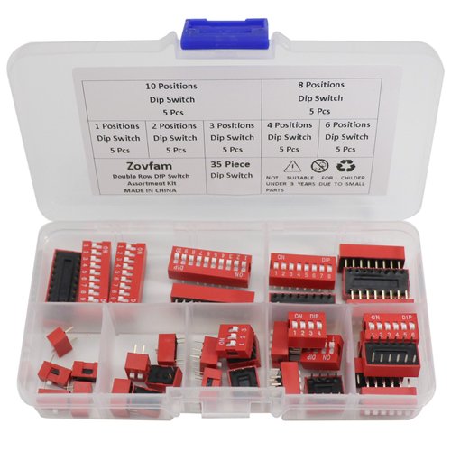 Zovfam Double Row Dip Switch Assorted Kit Box Range 1 2 3 4 6 8 10 Position 2.54mm PCB Mountable On Off Dip DIL Switch,Slide Type Red Toggle Switch for Circuit Breadboards and Arduino 35Pcs