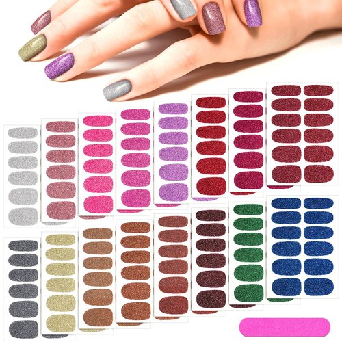 16 Sheets Glitter Nail Wraps Nail Polish Stickers Self-Adhesive Nail Design Decals Strips in Solid Colors with 2 Pieces Nail File for Women Girls DIY Manicure Nail Design Decoration (Retro Color)