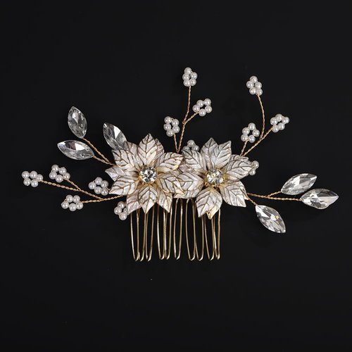 BERYUAN Gold Leaves Flower Pearls Hair Side Comb Gold Wedding Hair Comb Wedding Bridal Hair Comb Pearls Rhinestone Bridal Hair Comb for Brides Bridesmaid Girls