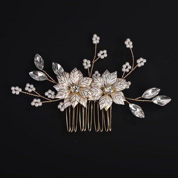 BERYUAN Gold Leaves Flower Pearls Hair Side Comb Gold Wedding Hair Comb Wedding Bridal Hair Comb Pearls Rhinestone Bridal Hair Comb for Brides Bridesmaid Girls