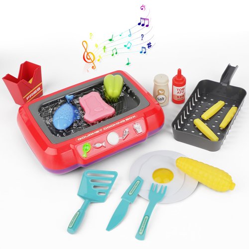 Kids Play Kitchen Accessories Toy Set, Grill Kitchen Playset for Kids with Color Changing Play Food, Toddler Kitchen Cooking Toys, Kids Camping Kitchen Playset Toys for Age 3+, Red
