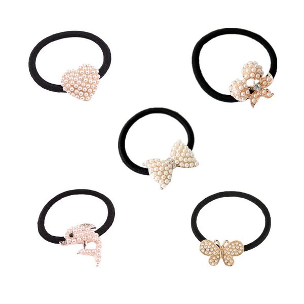 Lovef Beautiful Full Pearl with Crystal Rhinstone Flower Bow Fish Butterfly Design for Baby Children Girl Women Hair Accessories Elastic Tie Ponytail Holders Princess Hair Rope Rubber Bands(5Pcs)