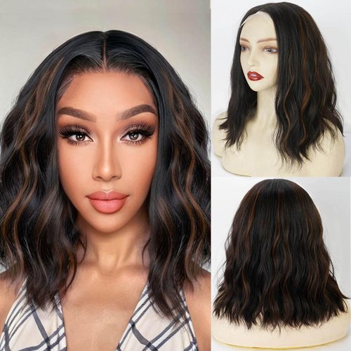 Short Wavy Wigs for Women Middle Part Synthetic Wigs for Women 14 Inch Natural No Bangs Curly Wigs for Black Women Heat Resistant Fiber Wig (Highlight Brown)