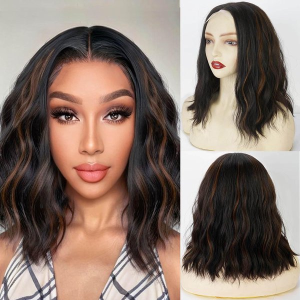 Short Wavy Wigs for Women Middle Part Synthetic Wigs for Women 14 Inch Natural No Bangs Curly Wigs for Black Women Heat Resistant Fiber Wig (Highlight Brown)