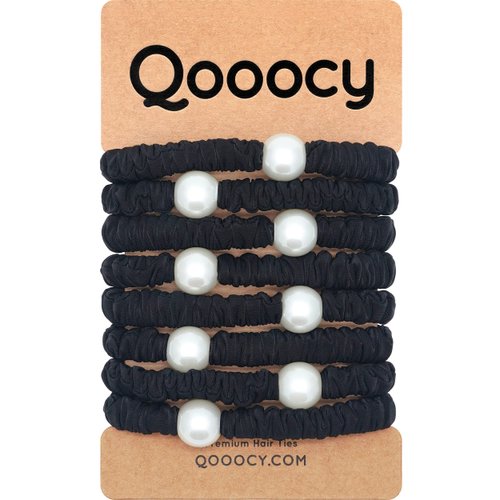 Qooocy Skinny Hair Scrunchies Artificial Pearl Hair Ties Elastics Ponytail Holder No Damage 8 Pack, Black