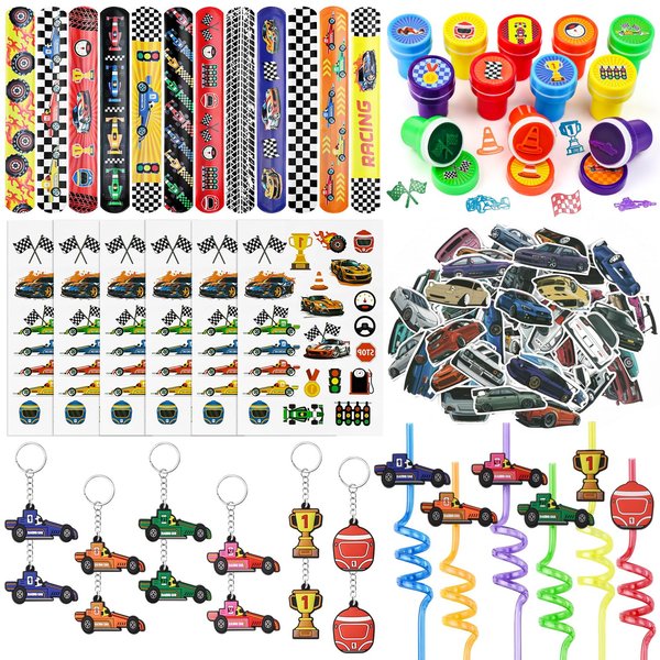 Race Car Party Favors Set - 110 pcs Race Car Birthday Party Supplies, Keychains, Slap Bracelet, Race Car Stickers, Race Car Straws, Stamps for Kids Racing Car Toy Gift, Boy Cars Birthday Decoration