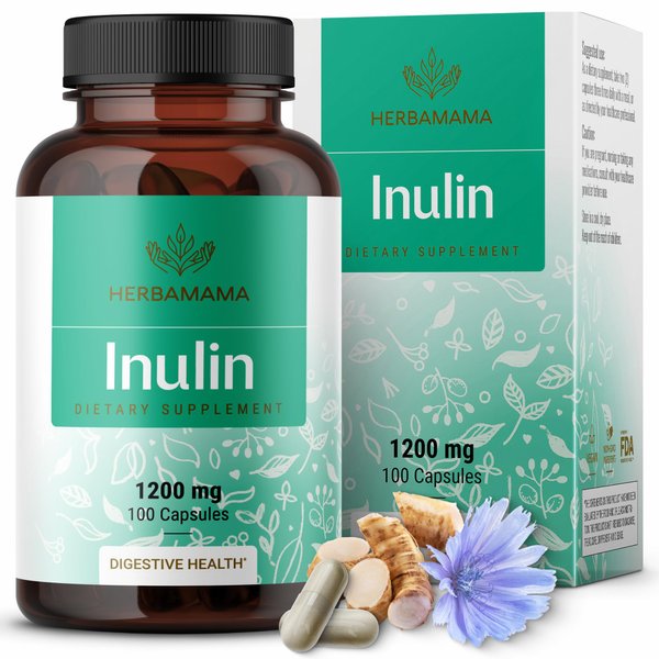 HERBAMAMA Inulin Capsules - 1200 mg Chicory Root Inulin Prebiotic Fiber Supplement - Inulin Powder for Gut Health & Digestive Support - Vegan, Non-GMO - 100 Caps