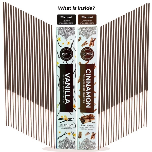 Trumiri Incense Sticks - Combo Pack of 40 Insence-Sticks - 20 Vanilla + 20 Cinnamon - Insenses - Insents - Incents - Inscense - Incence - Incienso - All Natural Incense Sticks