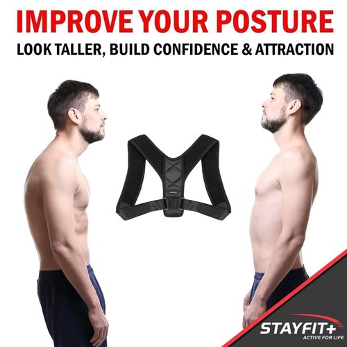 Stayfit Posture Corrector Unisex Back Brace, Adjustable Upper Back Pain Relief Support, Spine Neck Straightener Strap Black