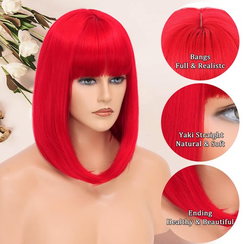 Red Bob Wigs for Women Short Bob Wig with Bangs Yaki Straight Synthetic Wig Christmas Wigs Natural Looking for Daily Use Party Halloween and Cosplay
