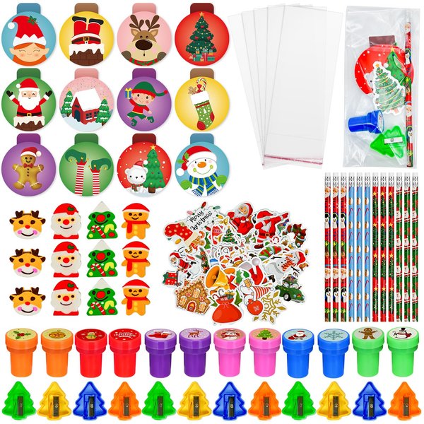 194 Pcs Christmas School Stationery Set Xmas Classrooms Exchange Stationery Party Favors Class Reward Prizes Notebooks Pencils Sharpener Erasers Stickers Stamps for Party Supplies (Snowball)