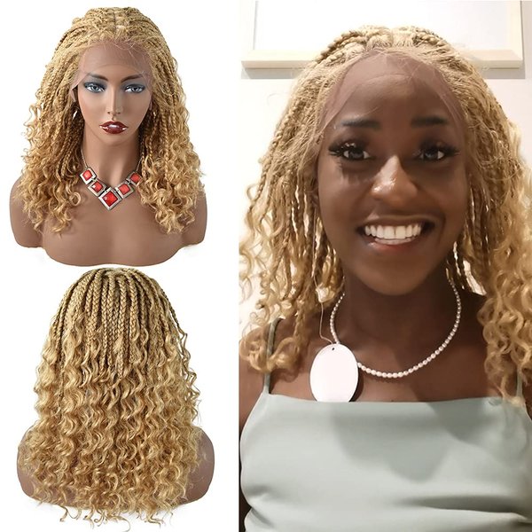 RESHE 18’’ Box Braided Lace Front Wigs For Black Women Short Knotless Cornrow Braids Wigs Braiding Wigs Baby Hair Synthetic Light Weight Braiding Wig For Black Women (#27/613M-#Beige)