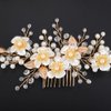 Teyglen Flower Bride Wedding Hair Comb Gold Leaf Headpiece Bridal Crystal Pearl Hair Side Comb Floral Hair Piece Decorative Hair Accessories for Women Girls
