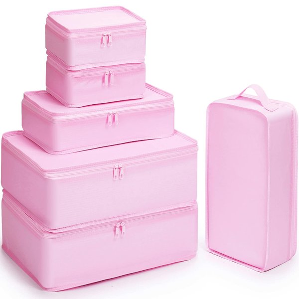 Luggage Organizer,Mossio 6 Pack Foldable Travel Cubes Lightweight Storage Bag Pink