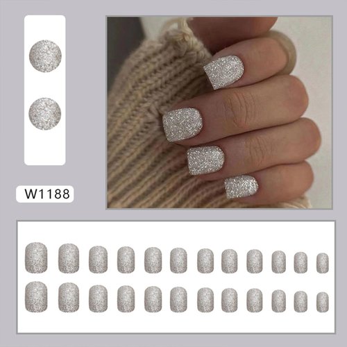 Glitter Press on Nails Square Short Fake Nails Full Cover Sparkly False Nails Acrylic Stick on Nails Reusable Shine Artificial Nails Glue on Nails for Women Nail Art Decorations 24Pcs