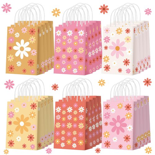 Glenmal 24 Pieces Daisy Flower Gift Bags Bulk Boho Daisy Party Favors Bags Daisy Goodie Treat Candy Bags with Handles for Girls Wedding Retro Birthday Baby Shower Spring Party Decorations Supplies