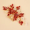 Kercisbeauty Red Crystal Gold Hair Side Piece Pearl Hair Comb for Wedding Women Girls Bridal Shower Hair Accessories (Red)