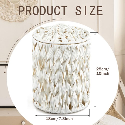 Ctosree 1.3 Gallons Small Wicker Trash Can with Lid Handle Boho Woven Braided Bathroom Waste Basket Trash Can with 100 Garbage Bags for Bedroom Office Laundry(Cream White,Braided Polypropylene)