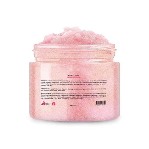 Keralove Rose Scrub with Collagen and Stem Cells 12 oz - Exfoliating Himalayan Salt Scrub for Cellulite - Deep Cleansing for Acne, Scars, Wrinkles - Moisturizes Skin