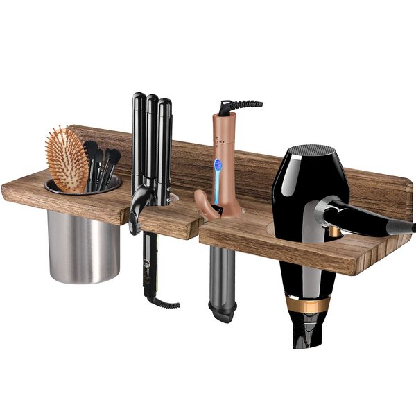 Bathroom Wall Mounted Hair Dryer Holder Hair Care & Styling Tool Organizer, Farmhouse Wooden Beauty Hair Appliance Holder for Flat Iron, Curling Wand, Hair Straighteners, Brushes