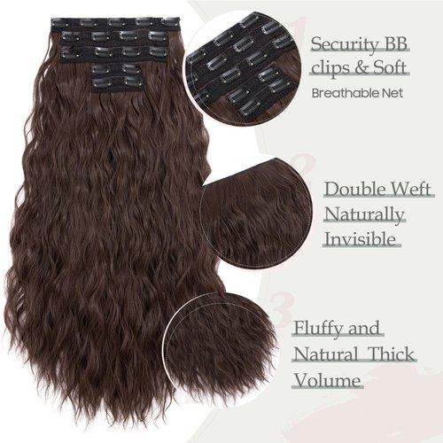 S-noilite 24" Clip in Hair Extensions 5PCS Loose Waves Wavy Hair Extensions Synthetic Thick Natural Hairpieces Double Weft Brown Hair Extensions Clip Ins for Women Full Head Long Hair Pieces,#04