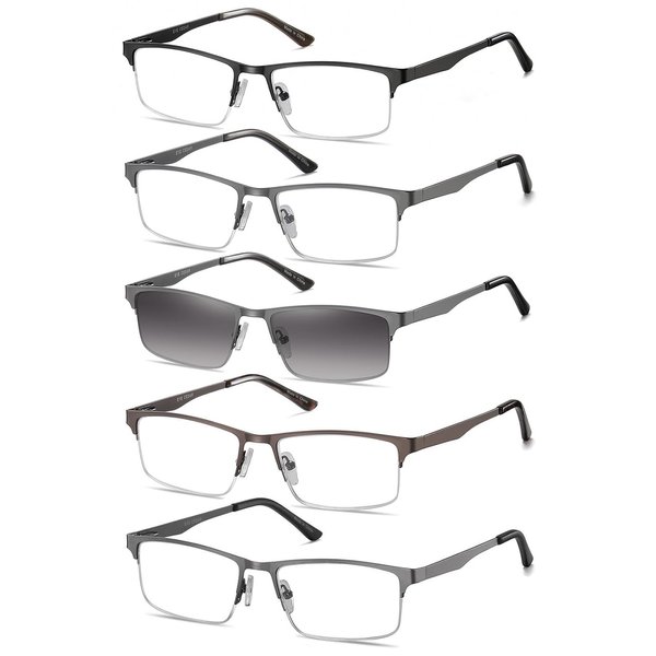 EYECEDAR 5-Pack Reading Glasses for Men Rectangular Metal Half-Frame Spring Hinges with Sun Readers Glasses Mens Readers 2.5