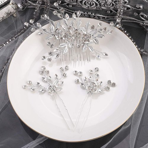 YERTTER Vintage Rhinestones Bride Wedding Hair Accessories for Brides Crystal Simulated Pearl Floral Leaves Bridal Hair Comb for Women and Girls (hair comb+hair pins)