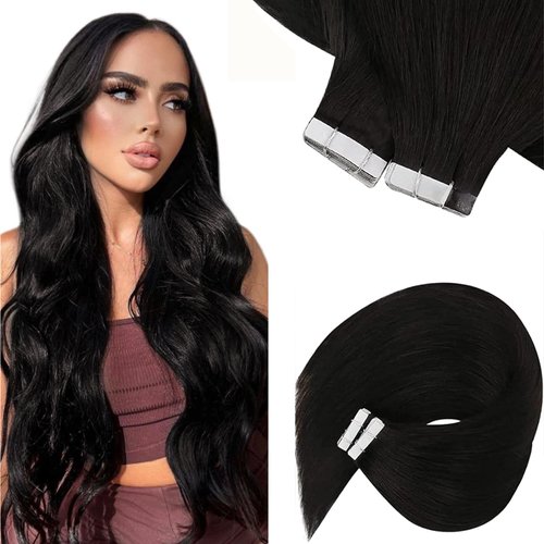 Sunny Hair Tape in Extensions Straight Skin Weft Tape in Hair Extensions Invisible Tape in Hair Extensions Human Hair 20Pcs Hair Extensions Real Human Hair Natural Black 18inch