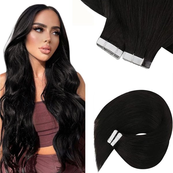 Sunny Hair Tape in Extensions Straight Skin Weft Tape in Hair Extensions Invisible Tape in Hair Extensions Human Hair 20Pcs Hair Extensions Real Human Hair Natural Black 18inch