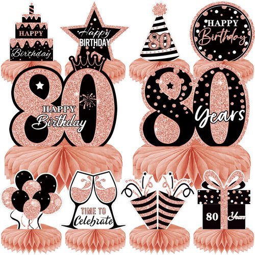 10 Pieces Rose Gold 80th Birthday Decoration 80th Birthday Centerpieces for Tables， Happy 80th Honeycomb Table Topper for Women,80th Birthday Table Sign Decor