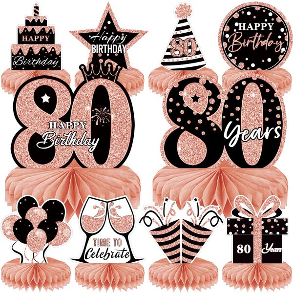 10 Pieces Rose Gold 80th Birthday Decoration 80th Birthday Centerpieces for Tables， Happy 80th Honeycomb Table Topper for Women,80th Birthday Table Sign Decor