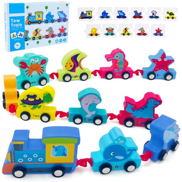 ZRCCOX Wooden Ocean Animals Train Set Toy for 2 3 4 Year Old Girls and Boys Birthday Gifts Montessori Toddlers Toys for Ages 2-4 Boy Toy Train Learning Educational Toys for Kids 1-2-4.