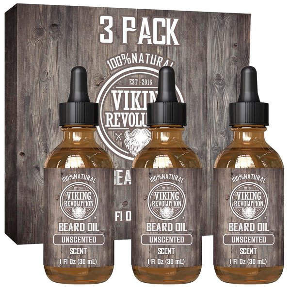 Viking Revolution Unscented Beard Oil for Men - Natural Mens Beard Oil with Argan Oil and Jojoba Oil - Beard Softener, Strengthens and Moisturizes - Beard Conditioner for Men (Unscented, 3 Pack)